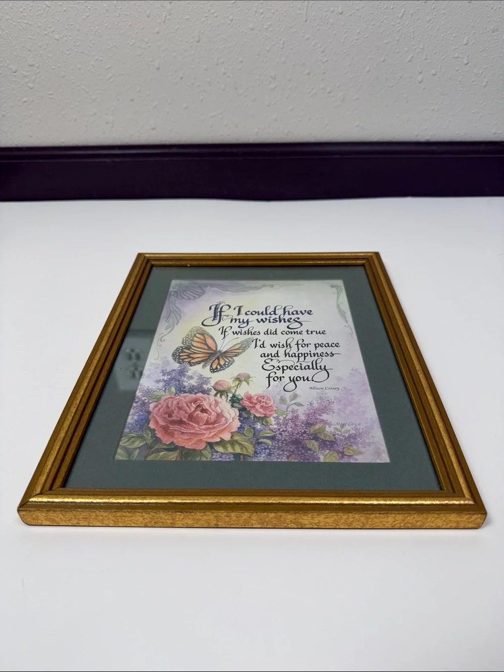 Vintage Framed Inspirational Butterfly Floral Wall Art Gold Frame Made in USA